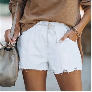 Vici Clayton distressed drawstring denim shorts. Size S